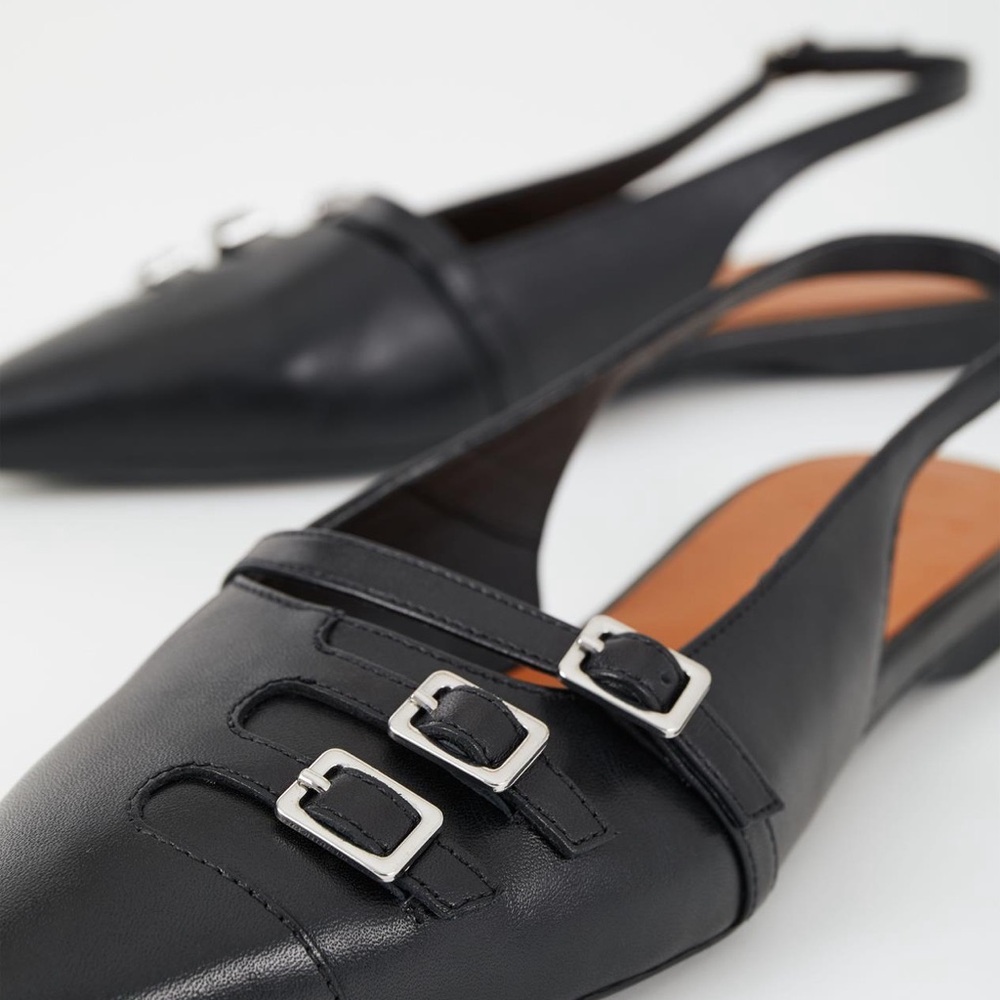 Vagabond Black Slingback Flats with Buckle Accents